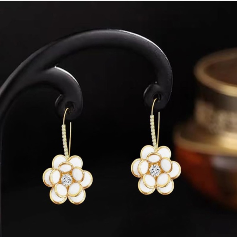 Camellia Floral Hoop dangle Crystal Earrings - Picture 4 of 6